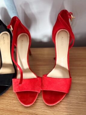 ALDO Fiolla Suede Heeled Sandals in Red Ankle Strap